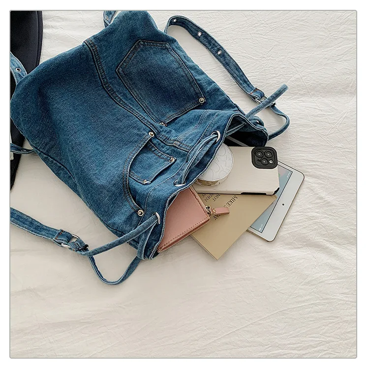 デニム女性のバックパックカジュアルスクールバックパック十代の少女のための高級巾着女性デイパックバッグパック女性ハンドバッグブルー