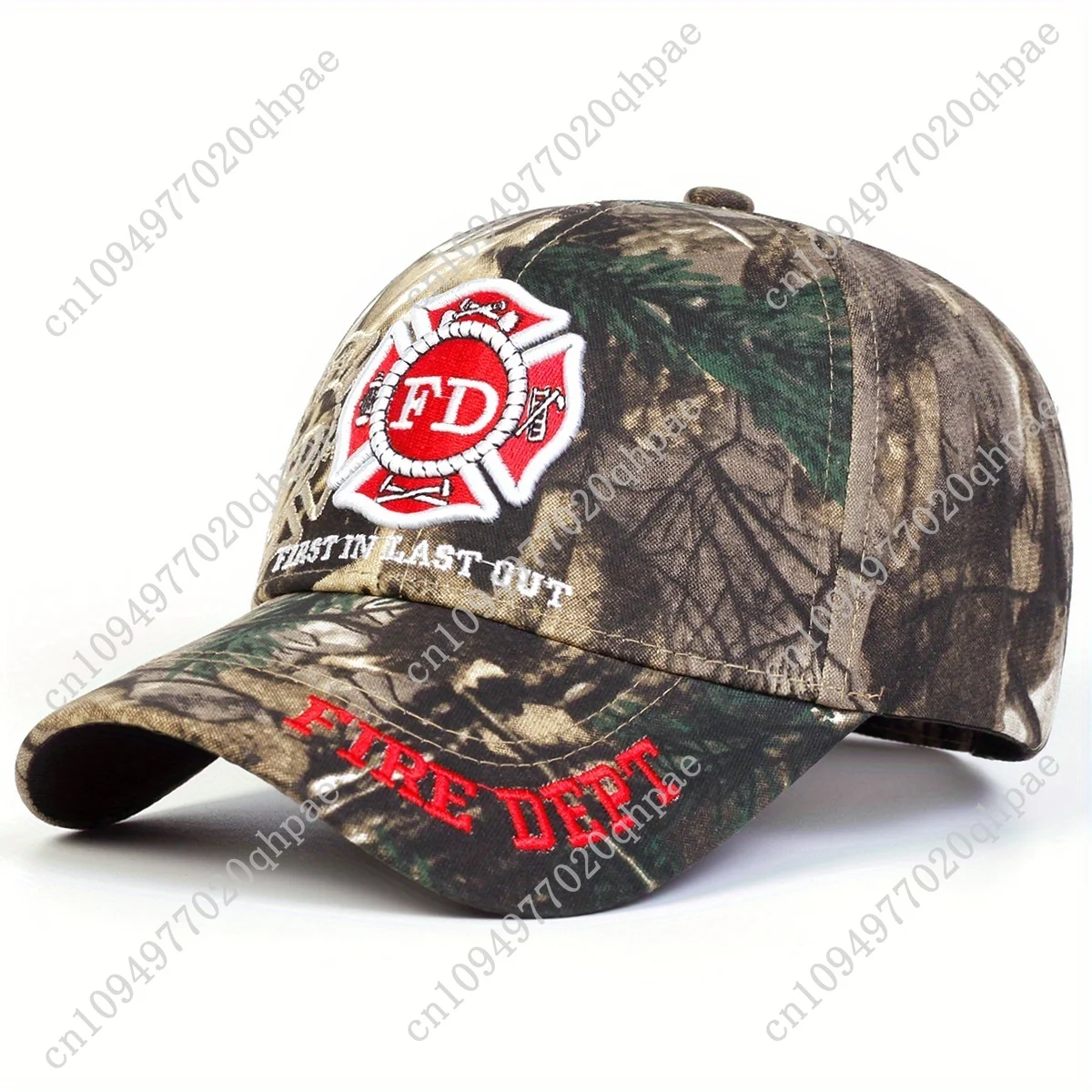 

1pc Men's Camo Baseball Cap with Embroidered Firefighter & "First In Last Out" Design Adjustable Lightweight Outdoor Hat for S