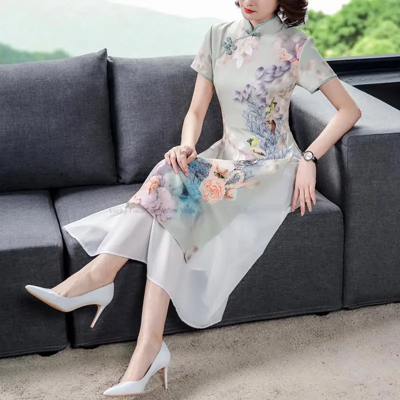 Cheongsam en mousseline de soie à fleurs vintage, style traditionnel vietnamien, manches courtes, rétro, Qipao chinois, robe de soirée de mariage, robe de soirée, Ao Dai