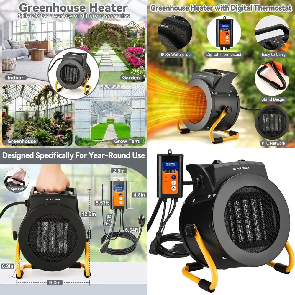 

Patio Outdoor Heater, 3-Mode PTC Ceramic, Thermostat, Overheat Safe, IPX4 Waterproof for Greenhouse & Patio