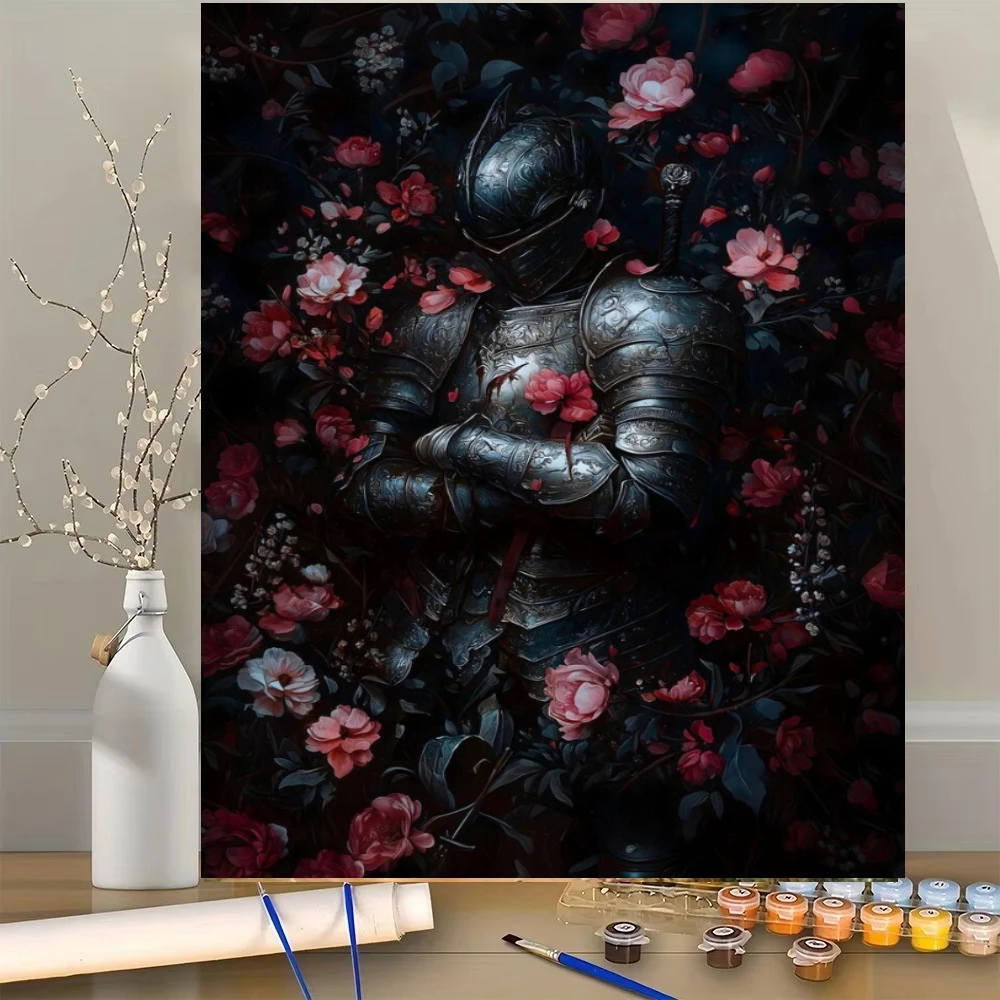 Acrylfarben zum Malen nach Zahlen, mittelalterlicher Ritter, Blumenmuster, Malen nach Zahlen auf Leinwand, Malen nach Zahlen für Erwachsene, digitale Kunstmalerei.