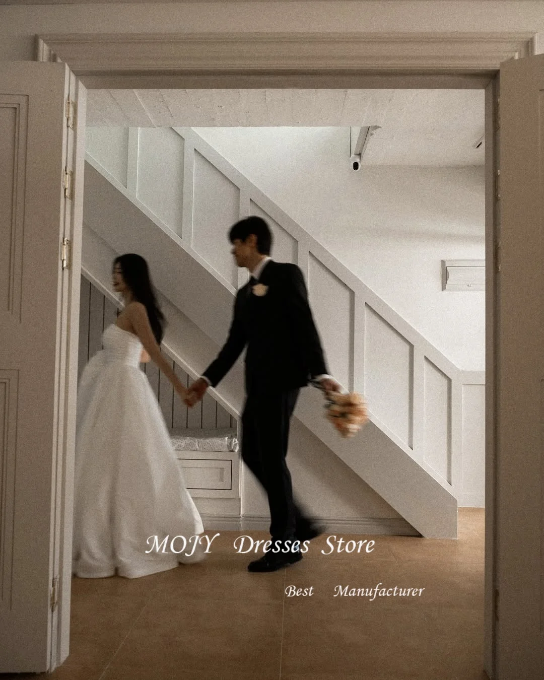 Mojy  Simple A Line Taffeta Korea Wedding Dresses Customised Puff Short Sleeves Corset Back Bridal Gowns Photo shoot Plus Size