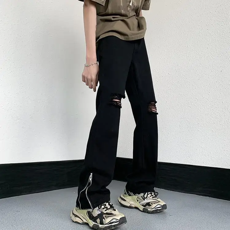 

2023 Men Ripped Jeans High Street Vintage Hip Hop High Waisted Casual Straight Wide Leg Pants Fashion Design Denim Trousers A48