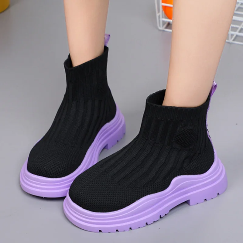 Boy/Girls Shoes Socks Shoes 2026 Spring High-Top Boots Breathable Mesh Flying Knitting Shoes Children's Sports All-Match Boots