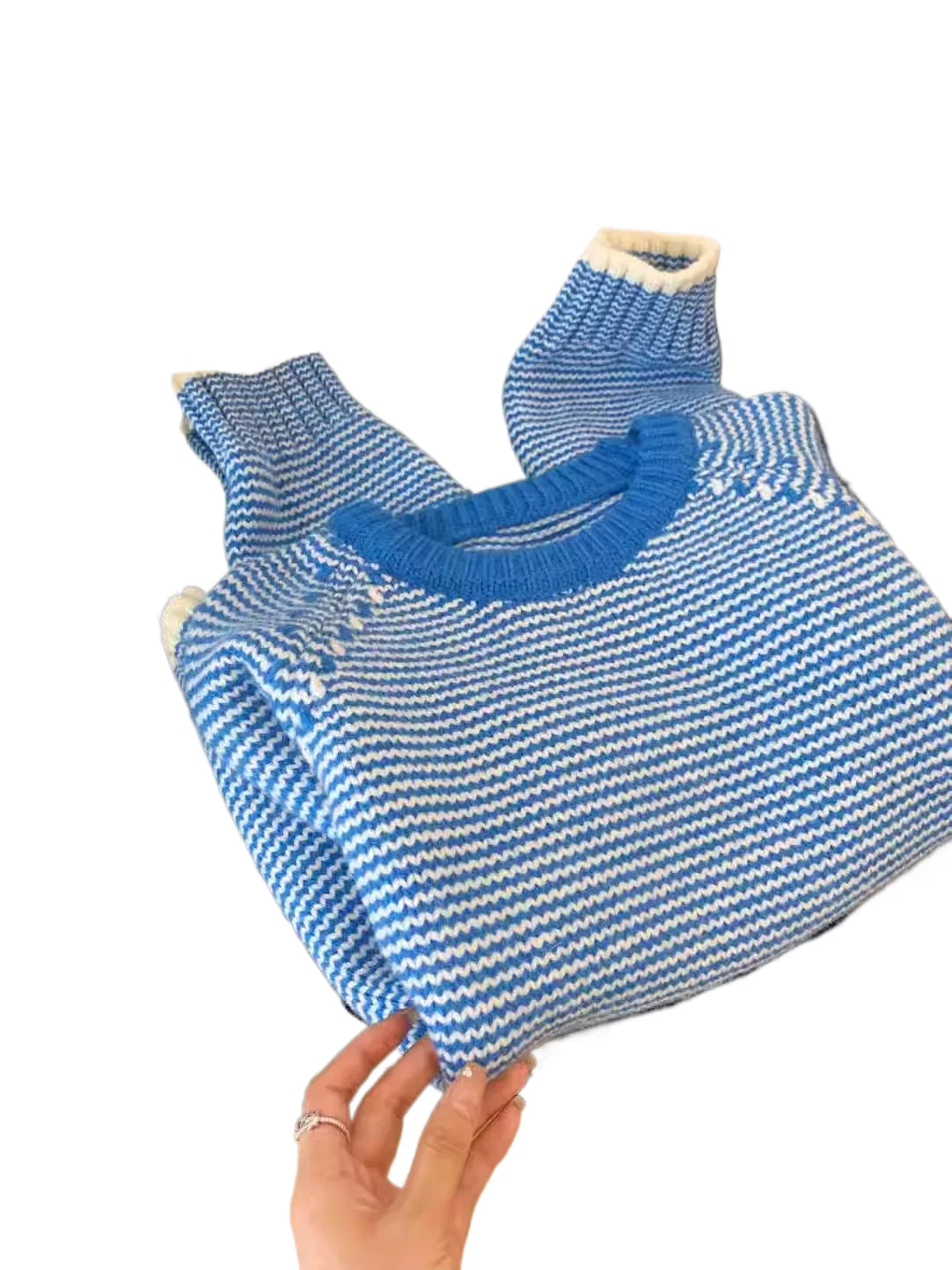 

Свитер в синюю полоску, женский осенне-зимний вязаный топ во французском стиле в стиле ретро контрастного цвета, свободный пуловер с круглым вырезом и длинными рукавами