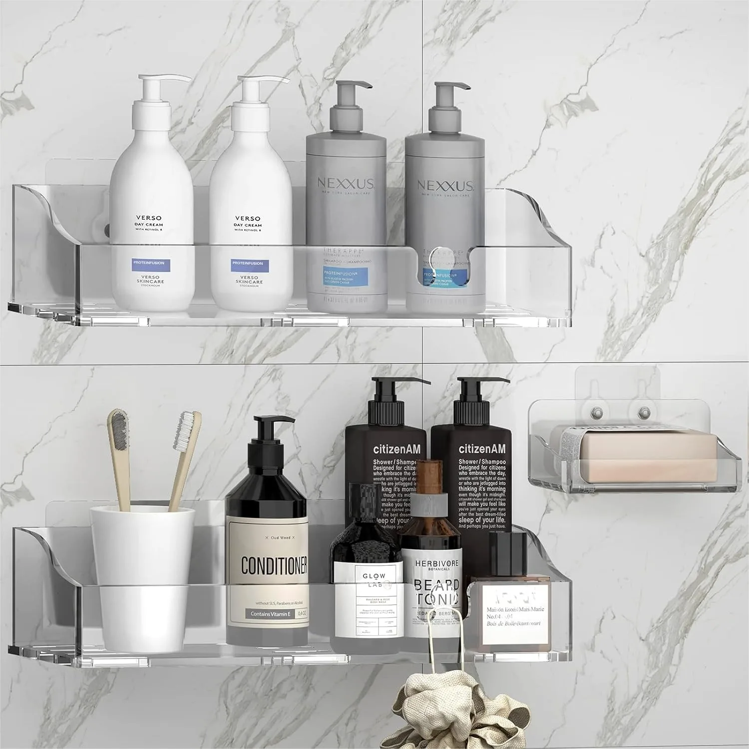 

Clear Acrylic Shower Shelves 3 Pack, No Drill Wall Mount Adhesive Caddy for Bathroom & Kitchen Storage