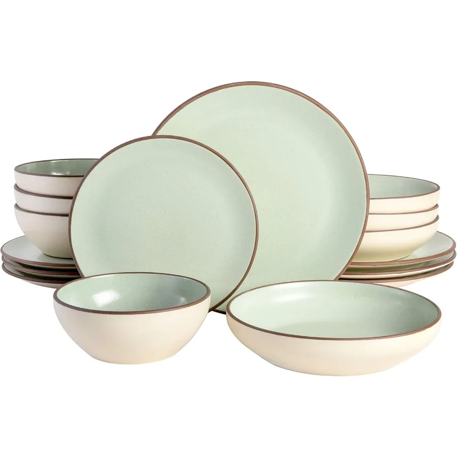 

Contempo Classic 16Piece Double Bowl Dinnerware Set Service for 4 Mint Stoneware Plates and Bowls