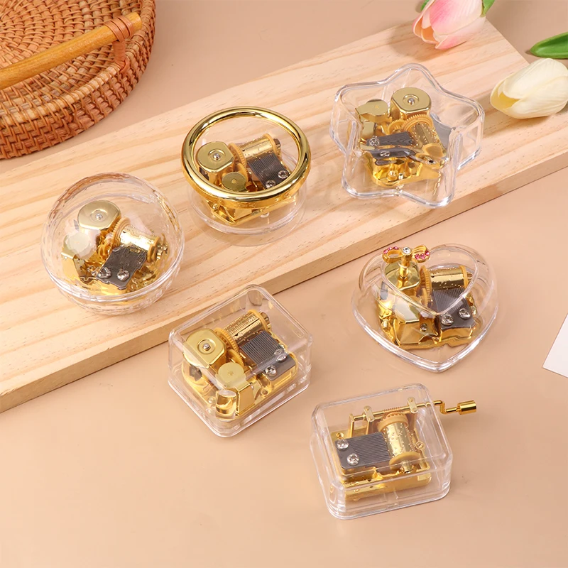 Creative Hand Operated Music Case Mini Acrylic Transparent Metal Movement Octave Box Home Car Decoration Couple Birthday Gifts