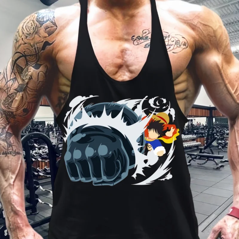 Uma peça masculina verão tanktop colete de algodão anime japonês gráfico masculino roupas de ginástica fitness camisa muscular sem mangas moletom