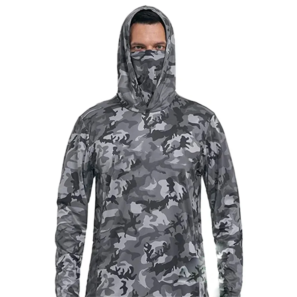 Camouflage Men Fishing Hoodie with Full Face Cover Long Sleeve UPF 50 Sun Shirt Quick Dry Lightweight Outdoor Clothing
