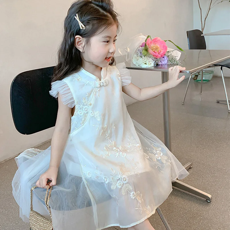 فستان أميرات للأطفال على الطراز الصيني بدون أكمام ، فستان صيفي للأطفال ، فستان شبكي جميل للفتيات ، جديد