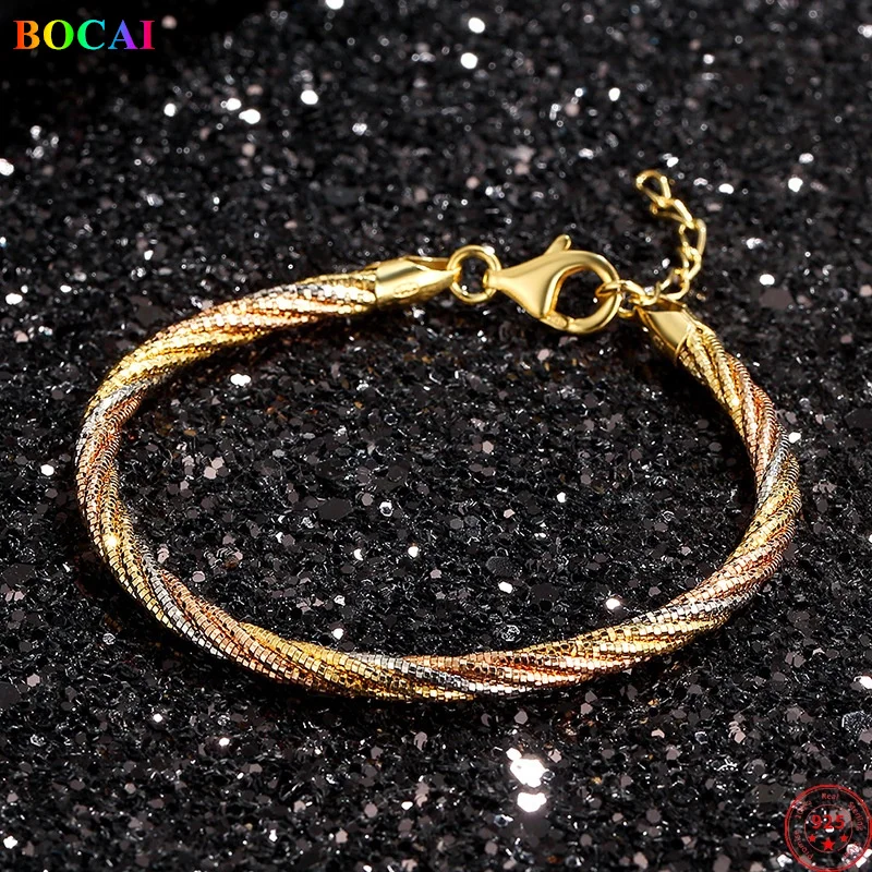 

BOCAI S925 Sterling Silver Bracelets for Women Three Colors Gold Plated Five Lines Wires Weaven Chain Necklace Jewelry Wholesale