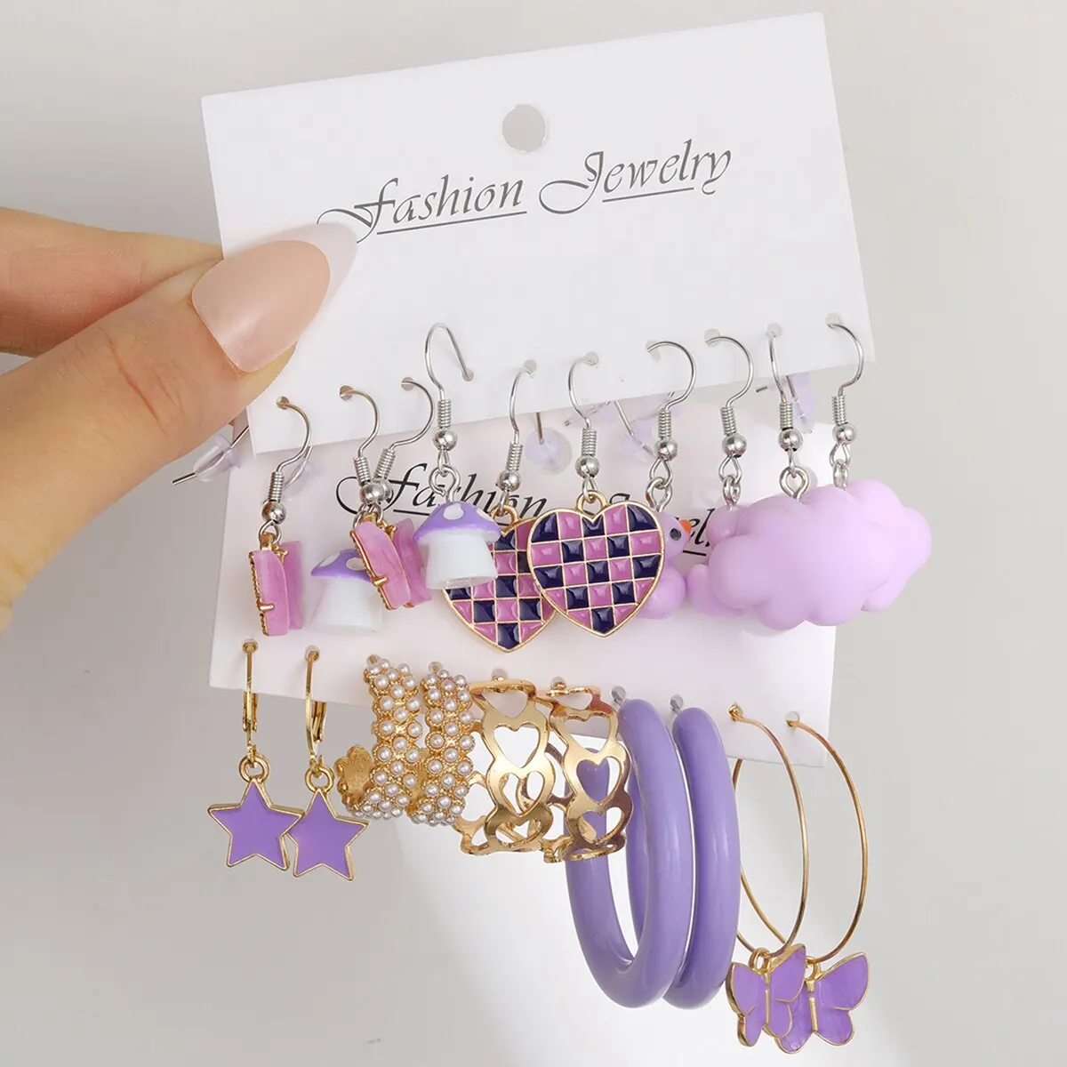 10pcs Set Of Ladies Earrings Purple Pentagram Creative Pearl Duck Mushroom Cartoon Earrings