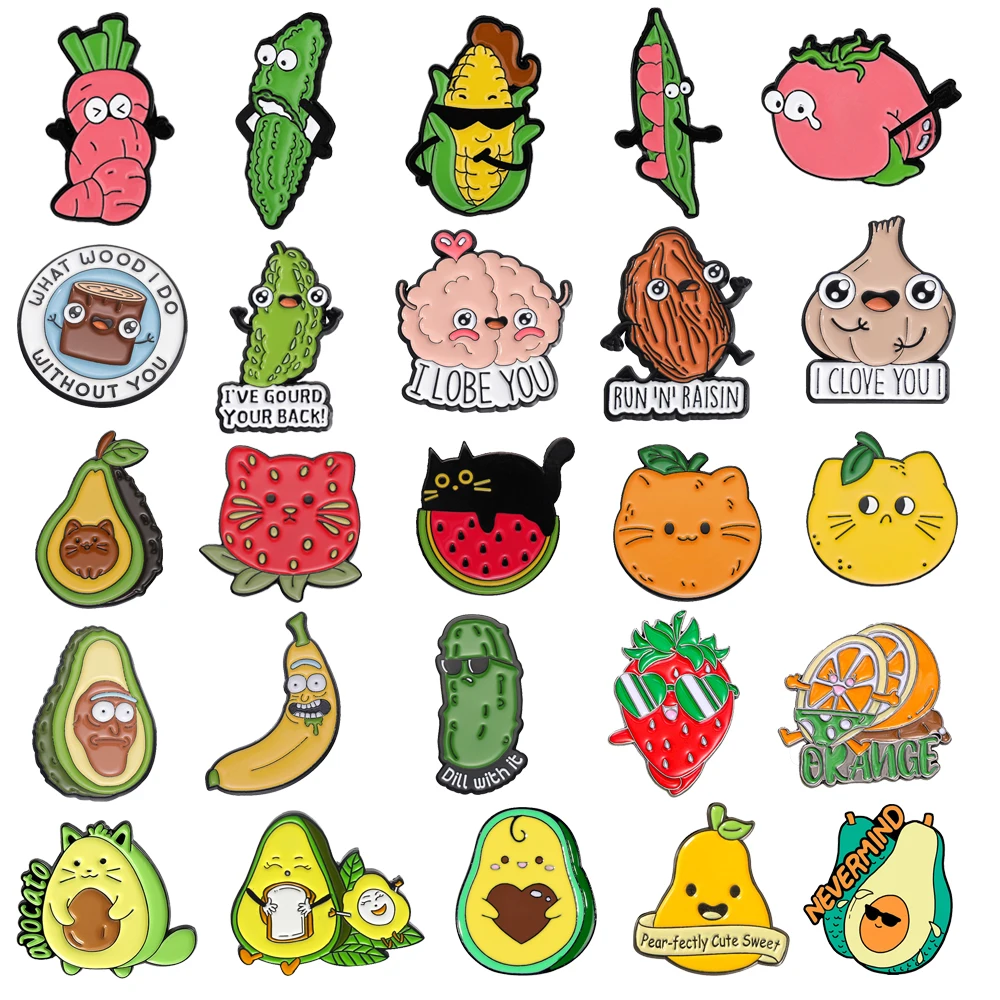 Cute Fruit Metal Brooch Avocado Orange Banana Strawberry Carrot Bitter Melon Corn Pea Tomato Garlic Badge Punk Lapel Pin Jewelry