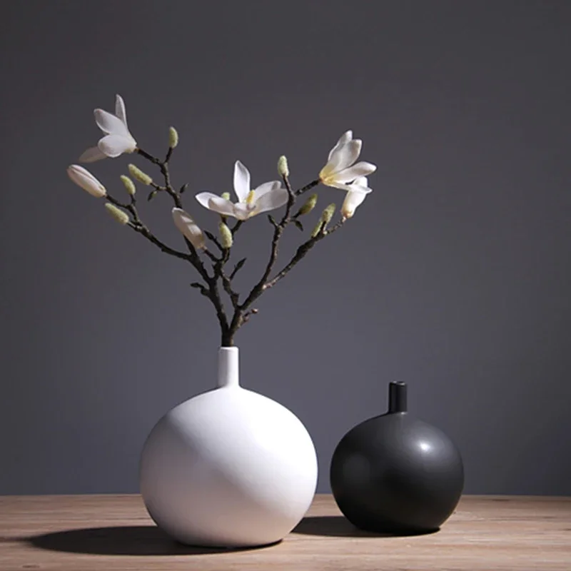 Nordic modern black and white ceramic hydroponic vase round ornament table flower Vases home decoration ornaments spherical - view 3