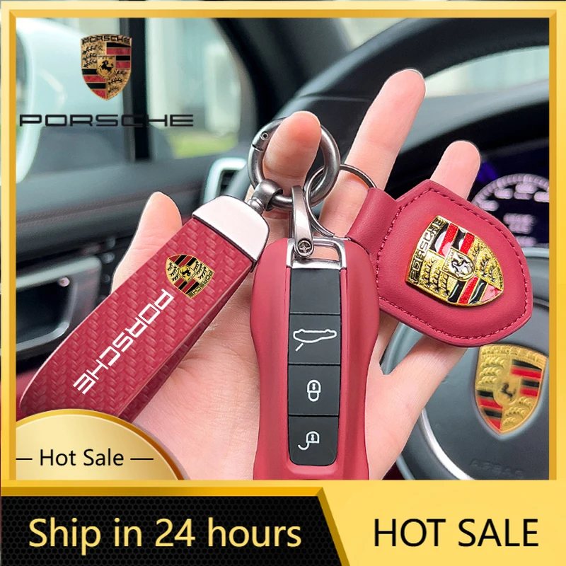

For Porsche Cayenne Panamera Macan 911 Car Shield Emblem Leather Keychain Carbon Fibre Key Chain For Porsche 911 718 Taycan Pana