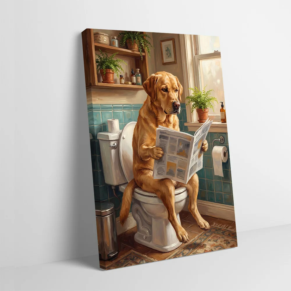 Dog Reading Newspaper on Toilet Poster Customizable Printed Canvas Painting Wall Art Gift for Room Decorations Home Decor Mural