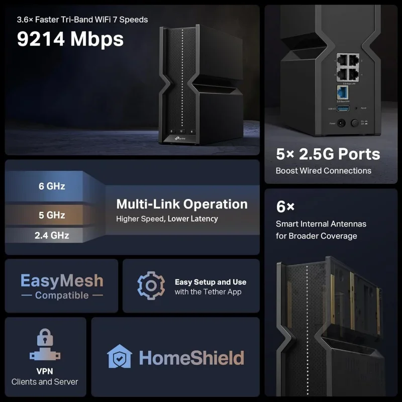 For TP-Link Tri-Band BE9300 WiFi 7 Router Archer BE550 | 6-Stream 9.2Gbps |  Ports  USB 3.0  6 Smart Internal Antennas  VPN Cli