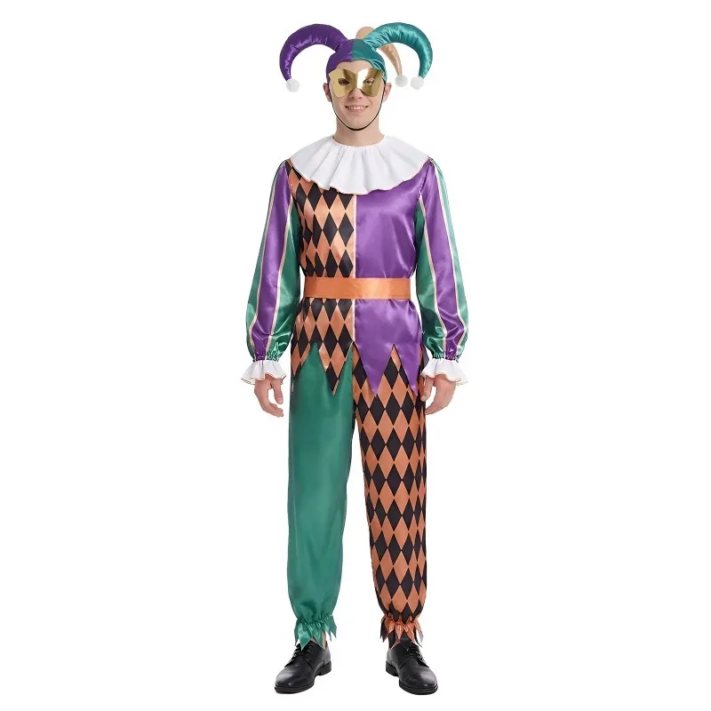 Clown Cosplay Costume Retro Harlequin Jester Outfit Purple Green Patchwork Collar Jester Hat Circus Carnival Halloween Party