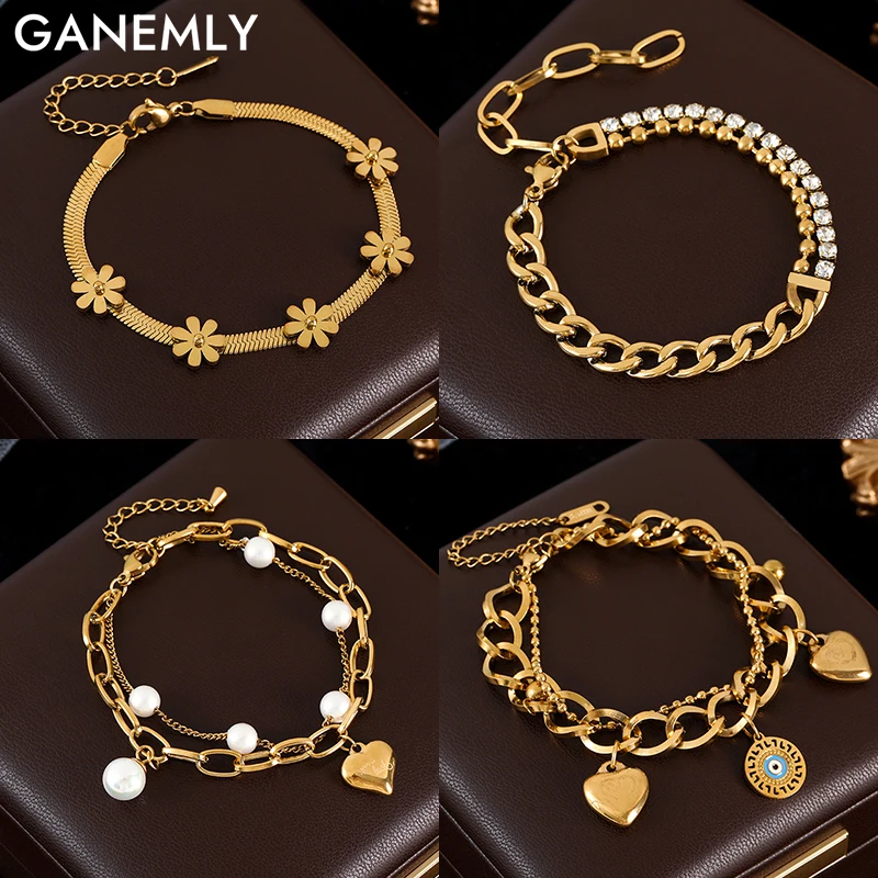 GANEMLY 316L Stainless Steel Flower Heart Pearl Charm Bracelet For Women Fashion Trendy Wrist Chain Jewelry Gift Party pulseras