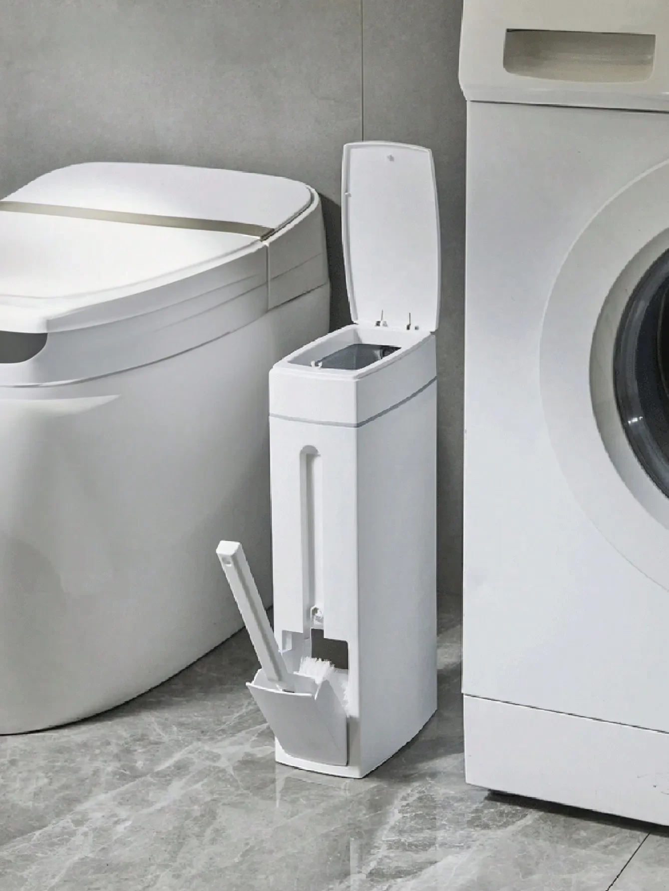 Slim Trash Can for Narrow Spaces with Cleaning Brush, Lid and Toilet Brush - Perfect for Bathroom Trash Bin Garbage Bin
