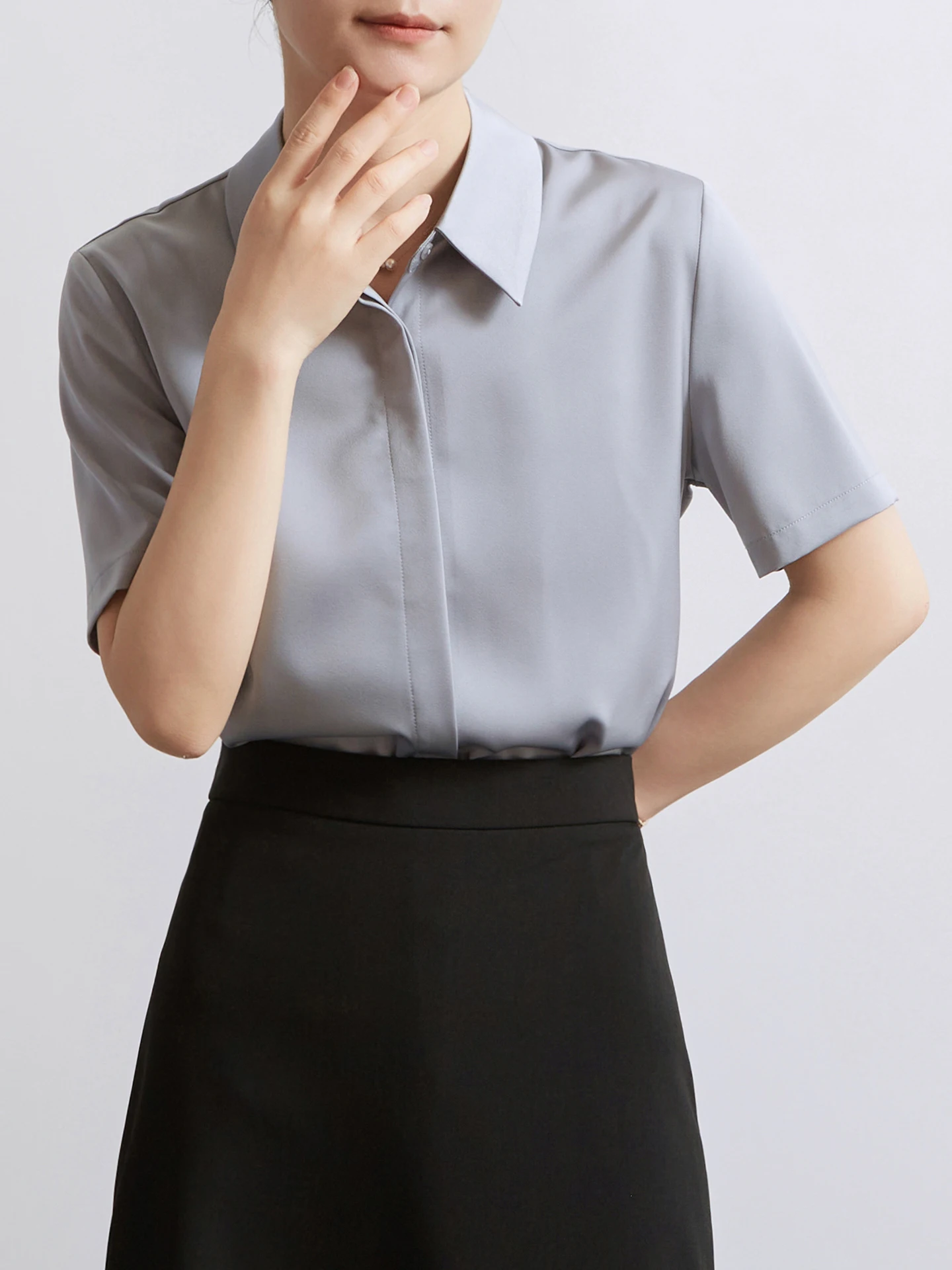 

CHICBLISS Satin Short Sleeve Shirt Women's Summer Style Hidden Button Design Commute Friendly Shirt Dark Grey Color Collar