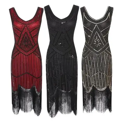 Damklänning 1920-tals Great Gatsby Flapper Vestidos Paljettpärlklänning med fransar Kvällsklänning V-ringning Utsmyckad fransad Ärmlös 10 best sales 1920-talsklänning - №2