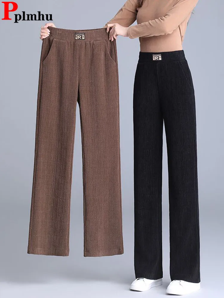 

Fall Winter Loose Straight Pants Women Casual Elastic High Waist Wide Leg Pantalones Korean Fashion Classic Solid Sweatpants New