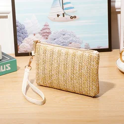 Weaving Bag Fashion Ladies Wristlet Clutch Women Daily Money Phone Clutch Solid Straw Woven Coin Purse Beach Wallet Card Bag