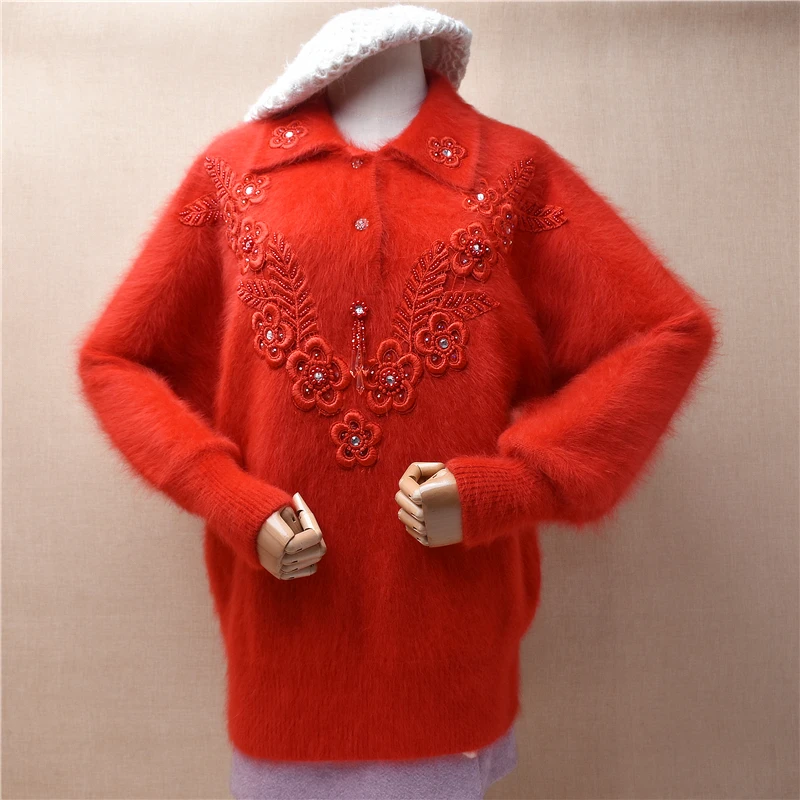 

Female Women Vintage Red Beading Hairy Angora Rabbit Hair Knitted Turn-Down Neck Long Batwing Sleeves Loose Pullover Sweater Top