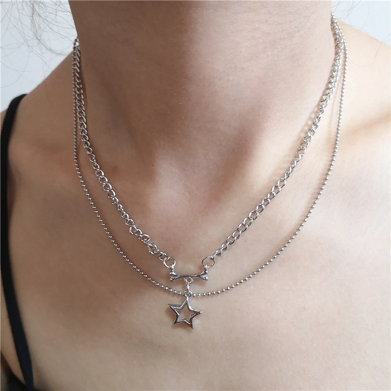 Kpop Goth Vintage Cool Y2K Star Pendant Beaded Silver Color Chain Necklace For Women Men Aesthetic Grunge EMO Jewely Accessory