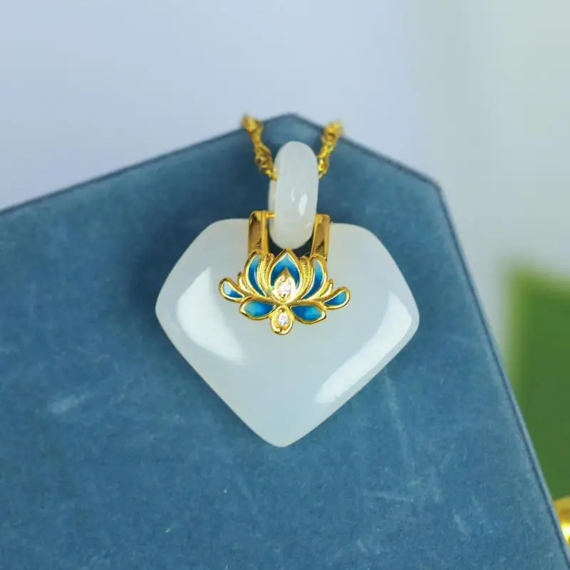 Genuine China Nephrite Stone White Hetian Jade 925 Silver Lotus Flower Diamond Heart Pendant Necklace Women Certified Jewelry