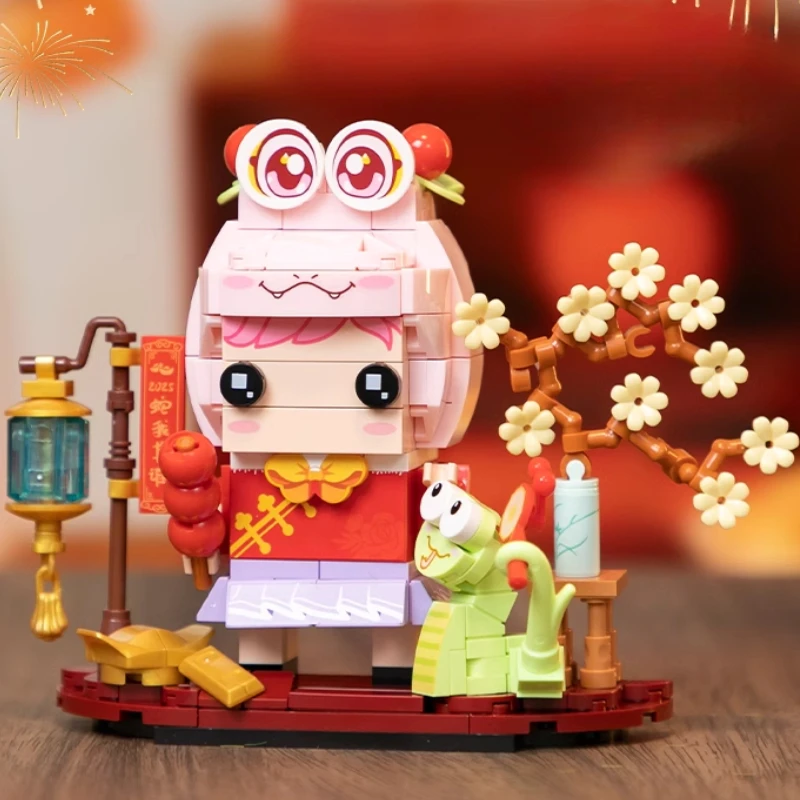 Cute Square Head Snake Small Flower Chinese Zodiac Series of Building Blocks Puzzle Building Toys Model Ornaments New Year Gift