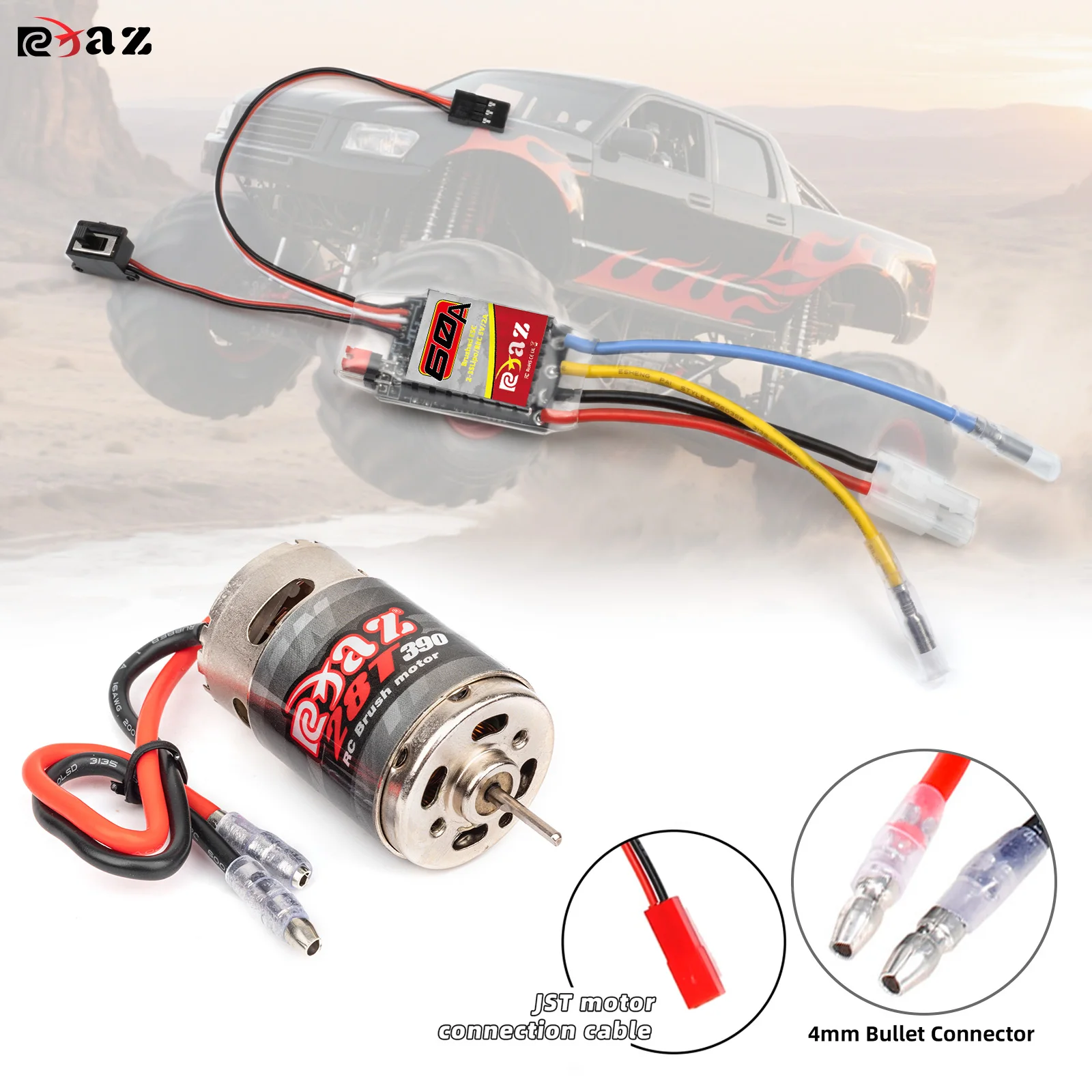 RCXAZ RC 60A ESC Brushed Motor 380-38T/390-28T Waterproof JST/Point Plug Stainless Steel High Torque For 1/18 1/16 RC Crawler
