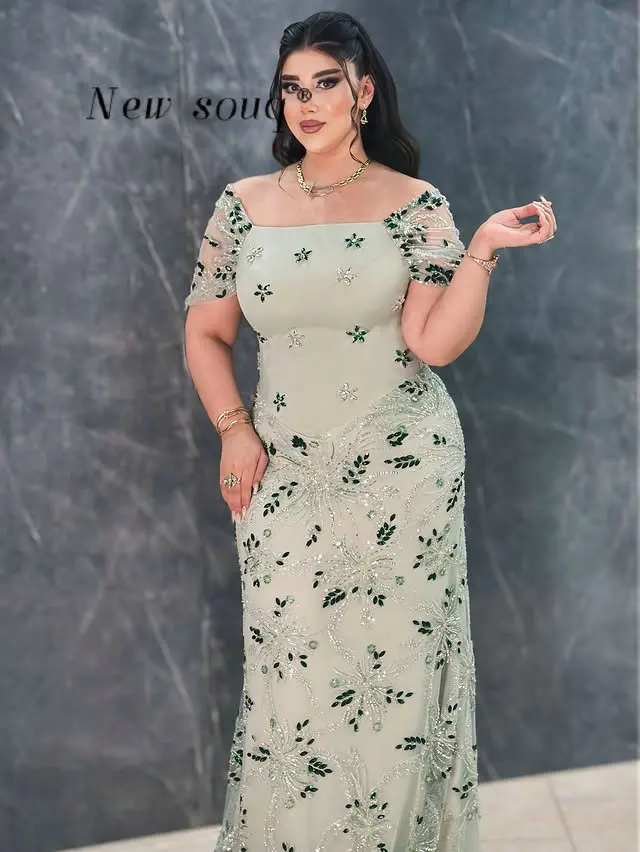 

2026 Green Plus Size Arabic Evening Dresses with Crystals Customized Wedding Guest Party Wear Gowns