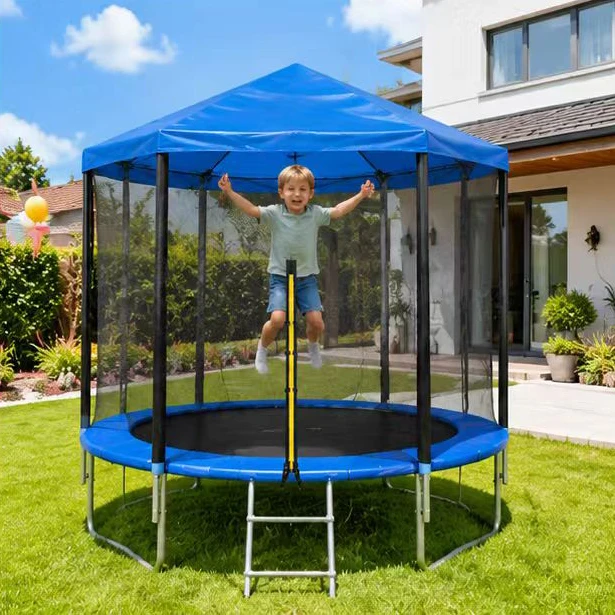 2026 Easy Assemble Kids Outdoor Trampoline with Canopy and Safety Net Fun Exercise Backyard Jump Trampoline for Children 6-12FTp