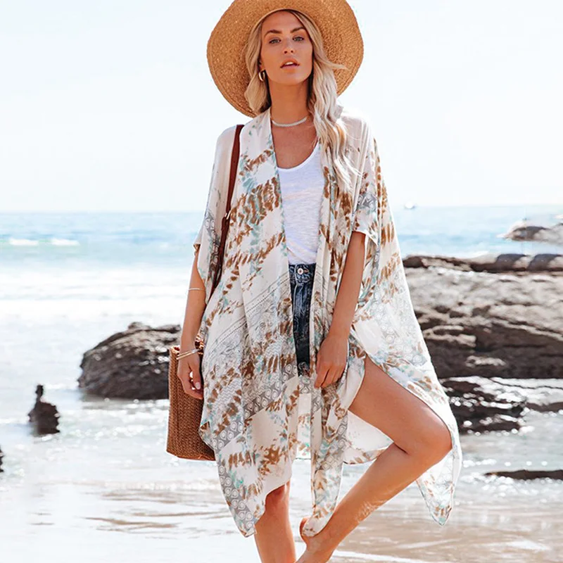 

Woman Bohemian Thin Cardigan Swimsuit Woman 2023 Summer Beach Cover Up Swimwear Mid Length Print Bikinis Cover-ups Female