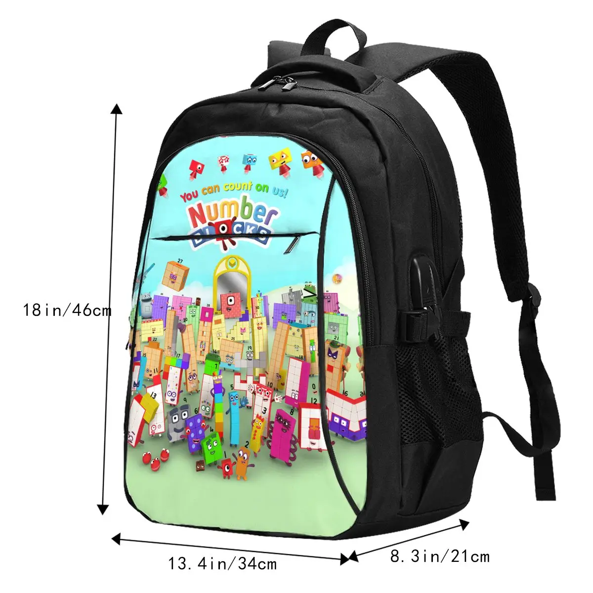 Cartoon Number-Blocks Travel Laptop Backpack, Business Water Resistant Laptop Backpack with USB Charging Port, College Bag