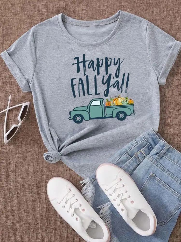 Letter Truck Trend Cute Fall Autumn Graphic Tee Print Top Style Halloween Women Thanksgiving T Shirt T-shirt O-neck Clothing