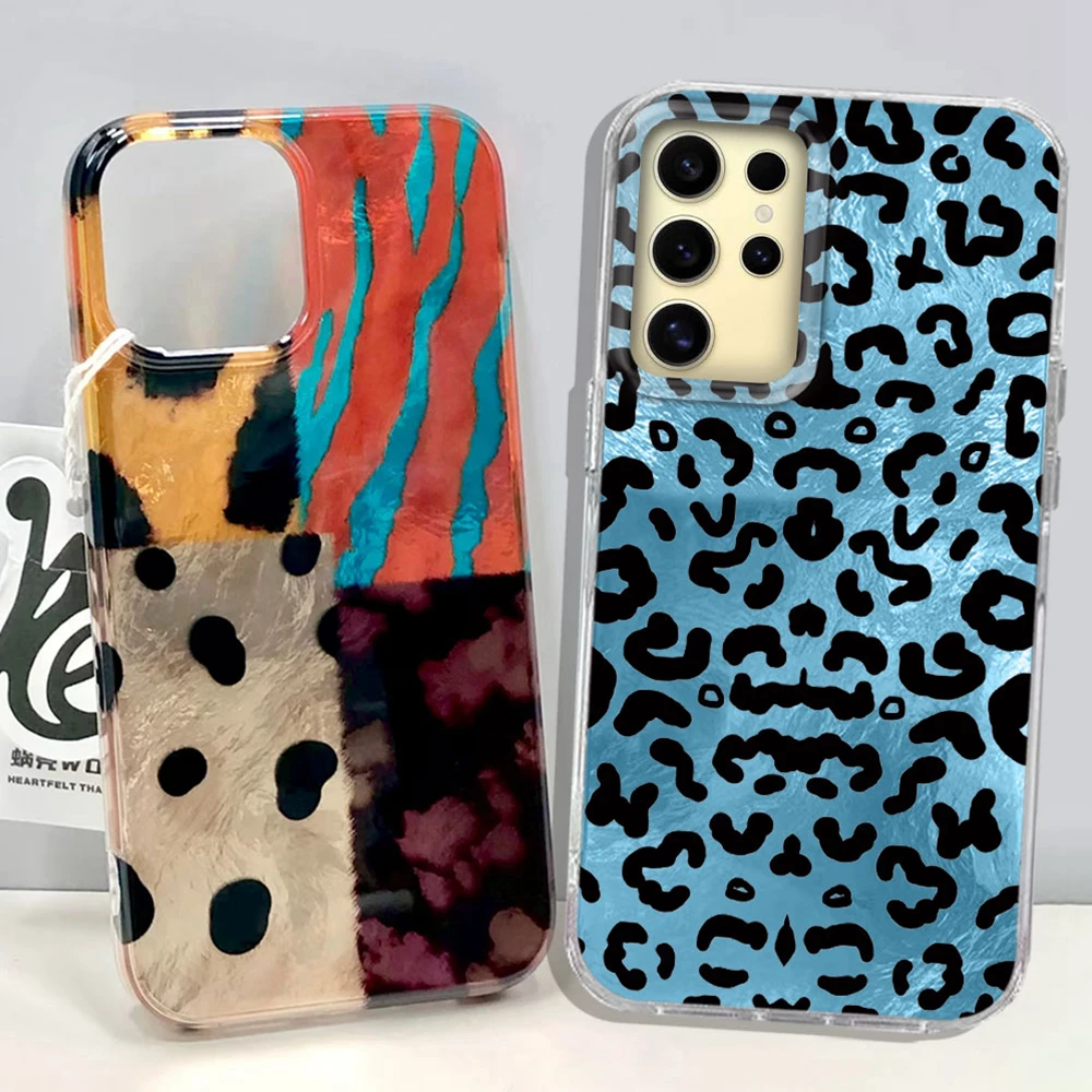 Retro Vier-farbe Leopard Muster Frauen Telefon Fall für Samsung Galaxy S25 Rand S24 S23 S22 S21 S20 FE plus Ultra Shell Zurück Abdeckung