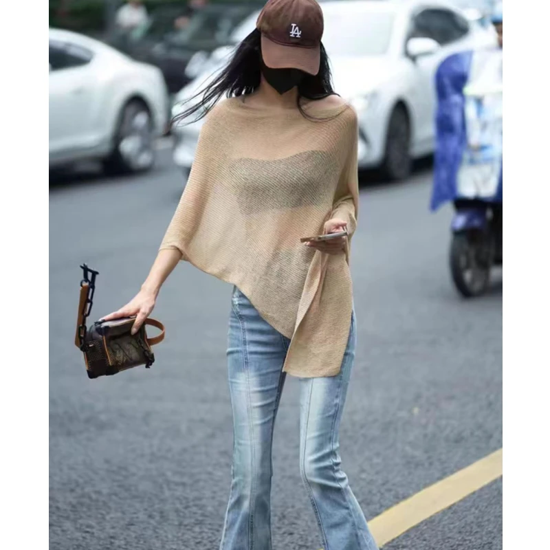 New Fashion Summer and Autumn Women's Solid Color Pullover Cape Hollow Loose Blouse Elegant Retro Knitwear Beach Batman Shirt view 4