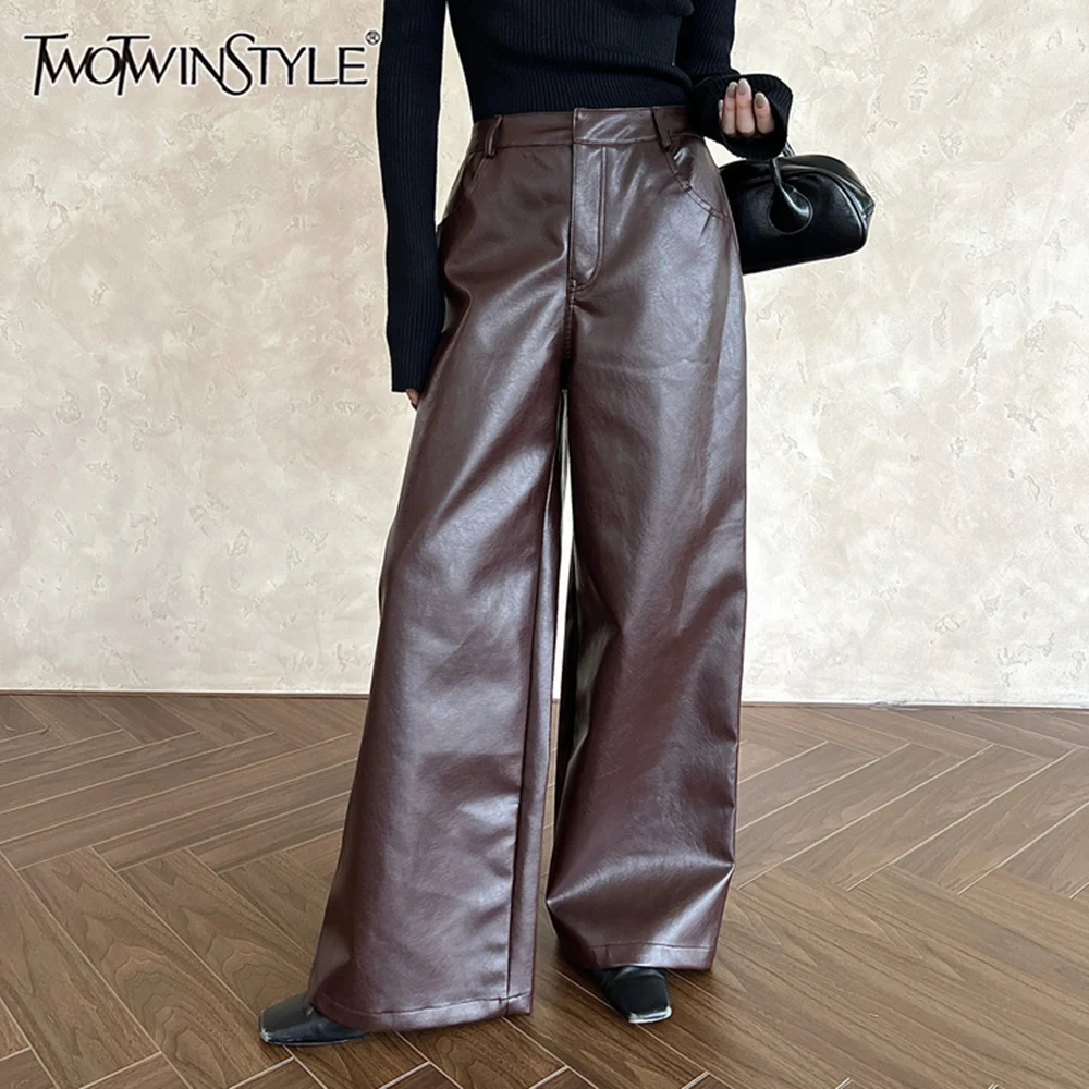 

TWOTWINSTYLE Solid Patchwork Pocket Leather Trouser For Women High Waist Spliced Zipper Loose Vintage Wide Leg Pants Female New