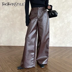 TWOTWINSTYLE Solid Patchwork Pocket Leather Trouser For Women High Waist Spliced Zipper Loose Vintage Wide Leg Pants Female New