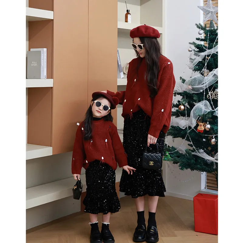 Christmas Winter Mother and Baby Girl Red Sweater New Year Mom and Daughter Matching Knit Jumpers Warm Thick Long Skirts Outfits