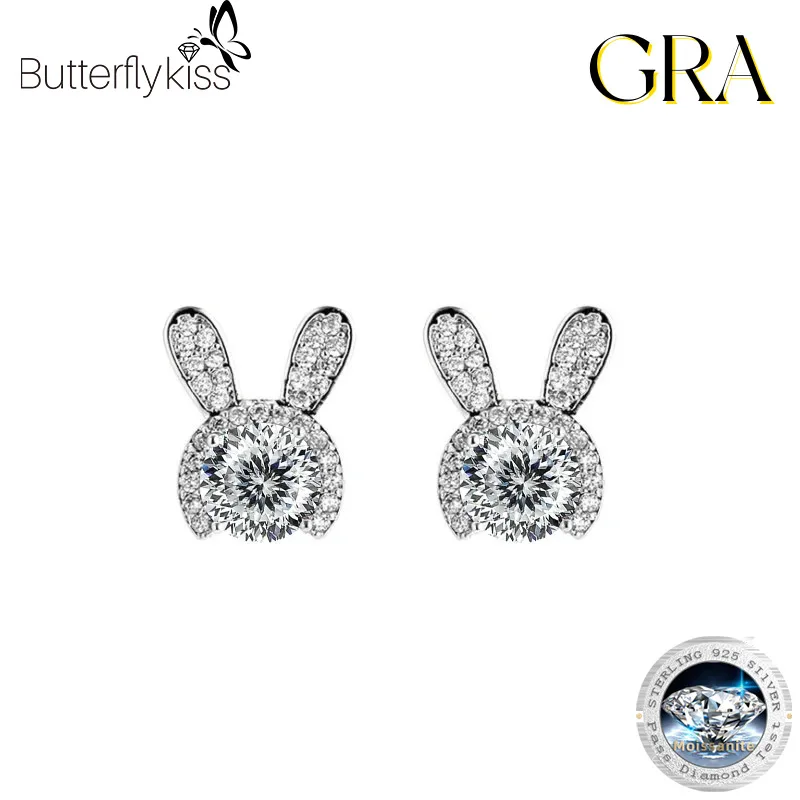 

Butterflykiss Cute Rabbit Moissanite Stud Earrings For Women 925 Sterling Silver 5/6.5mm Round Cut Lab Diamond Earring With GRA