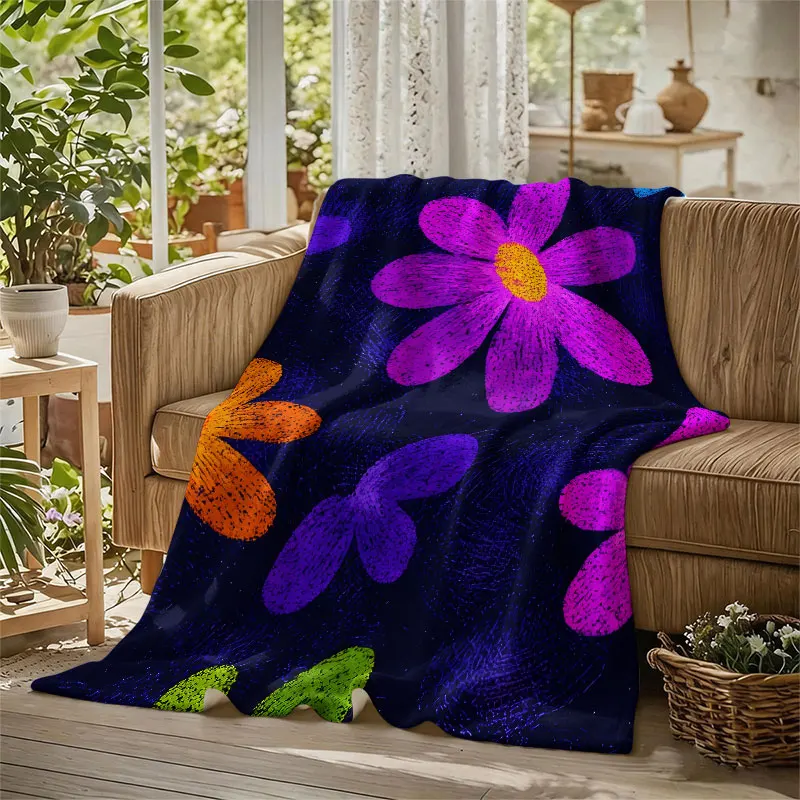 Fingerprint Flowers Dark Flannel Blanket Perfect for Sofa Office Bed Travel Sleep Read Relax Camping Four Season Use