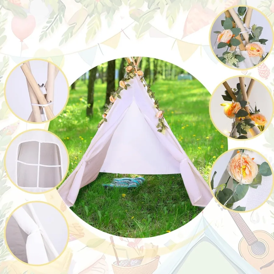 6 Sets Tipi Tent Indoor Katoen Linnen Tipi Speeltent met 6,6 ft Roze Fake Rose Vine Kunstmatige Garland 10 ft Werkt op batterijen