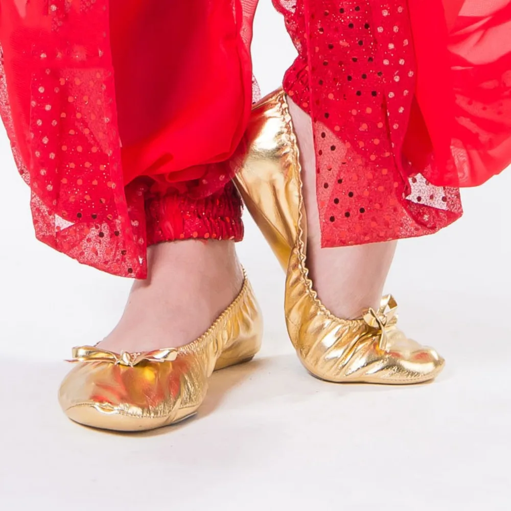 Professional Bowknot Belly Dancing Shoes Leather Golden Foldable Ballet Flats Soft Breathable Indian Dance Shoes Girls