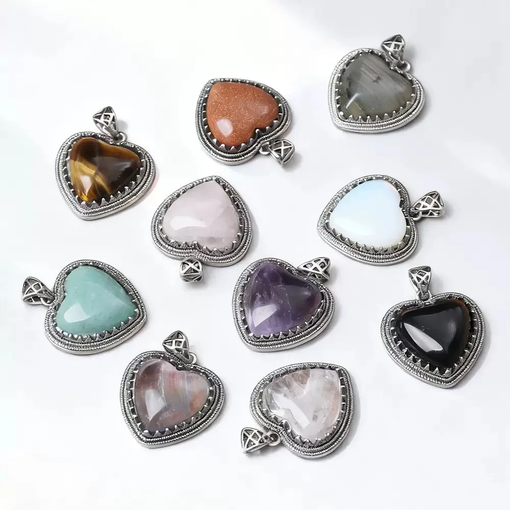 Heart Natural Stone Crystal Pendant Charms for  Jewelry Making Accessoriess Fluorite Labradorite Amethyst Valentines Gift  X362