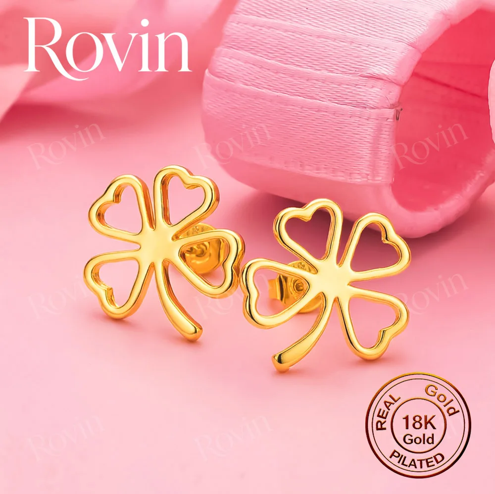 Exquisite 18K Gold Openwork Four-Leaf Clover Stud Earrings – Stylish Women's Wedding Jewelry & Party Gift